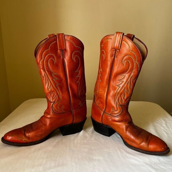 Vintage Tony Lama Men's 10.5D Western Cowboy Boots 6123 Orange Leather USA Made - Picture 7 of 13